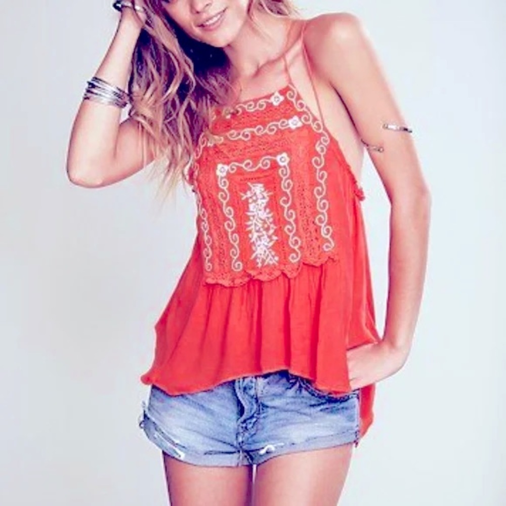 FREE PEOPLE EMBROIDERED STRAPPY CROSS BACK TANK
